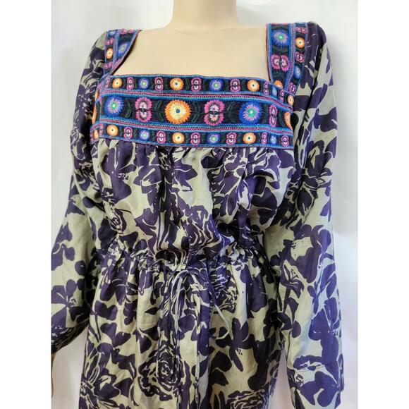 Johnny Was Square Neck Embroidered Floral Print Silk Dress Purple Sz M ?#C6 - Picture 2 of 9
